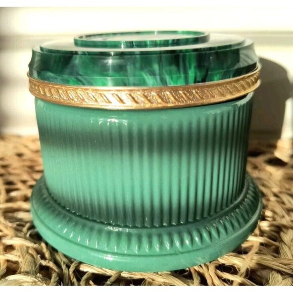 Vintage Avon Regence Milk Glass Jar, Green Glass Outside Marble Plastic Lid, EUC - Picture 1 of 8